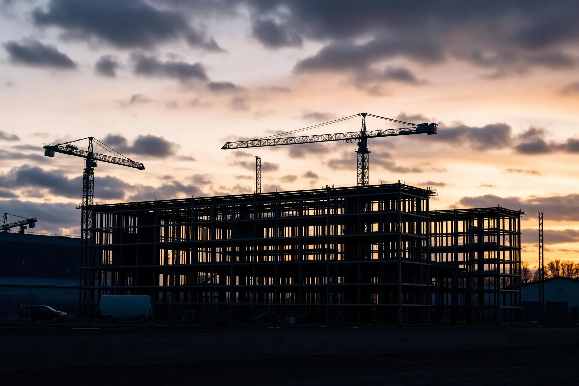 Stort byggeprojekt under opførelse i skumringen